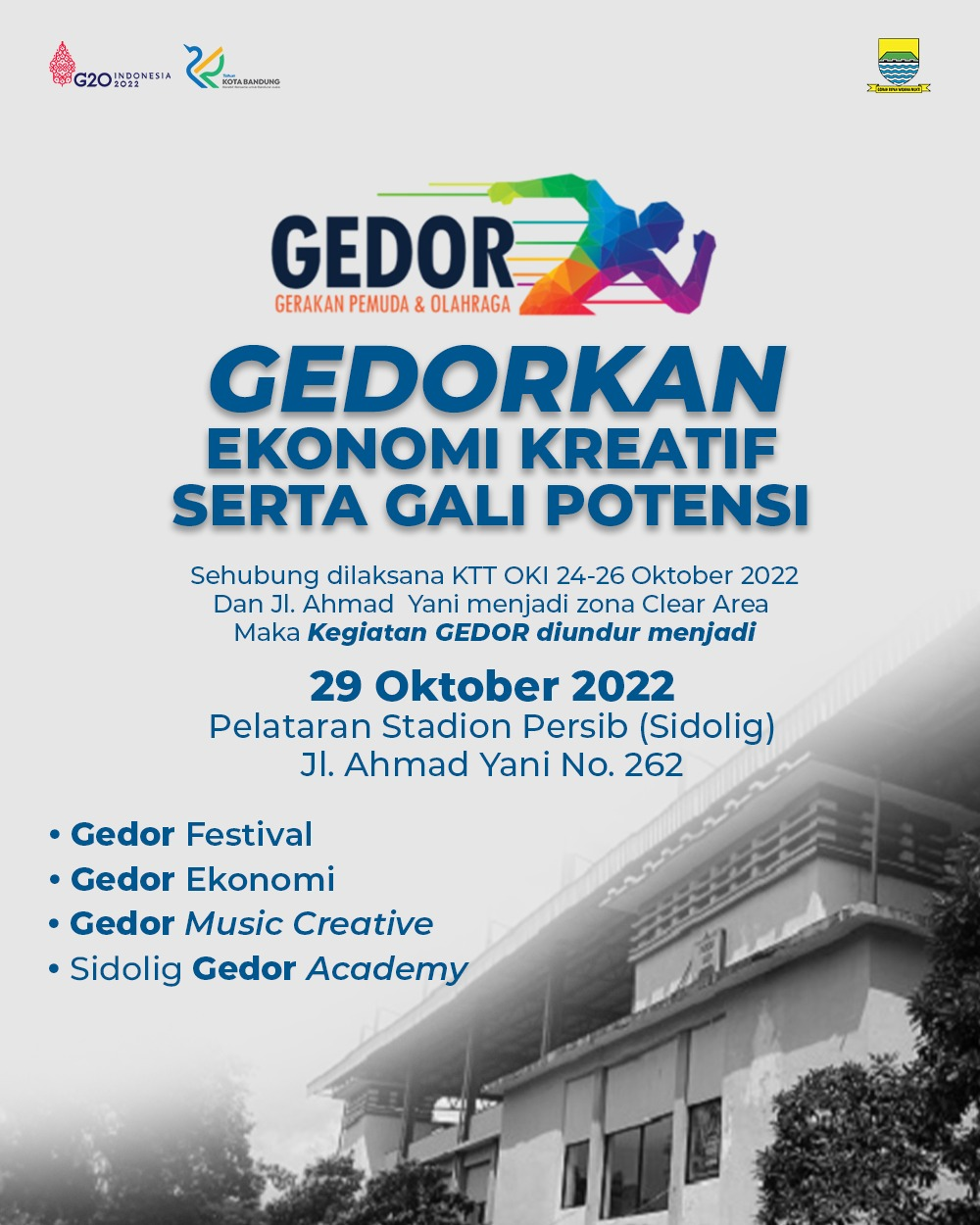 Pemerintah Kota (Pemkot) Bandung berkolaborasi dengan Kelompok Penyanyi Jalanan (KPJ) Kota Bandung, Paku Pajajaran menghadirkan acara Warung Apresiasi Gerakan Pemuda Olahraga (Wapres Gedor) pada 29 Oktober 2022 mendatang